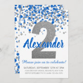 ブルーシルバーグリッターコンフェッティ男の子2歳の誕生日 招待状 (正面/裏面)