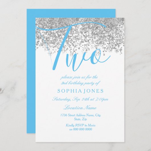 ブルーシルバーグリッターボーイズ2nd誕生日パーティー招待状 招待状 (正面/裏面)