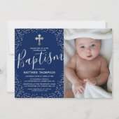 ブルーシルバーグリッターボーイバプティスフォト 招待状 (正面)