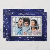 ブルーシルバーグリッター写真窓クリスマスカード 招待状 (正面/裏面)