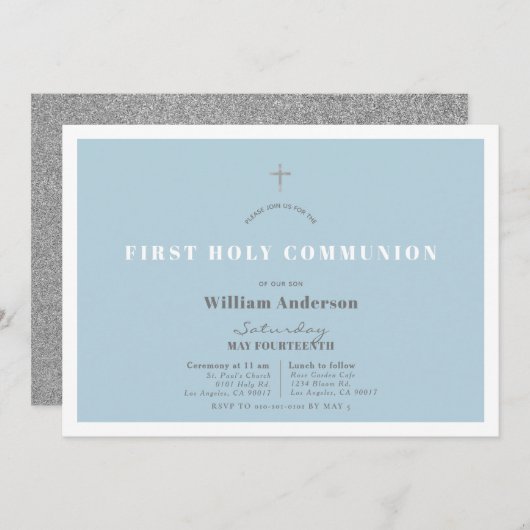 ブルーシルバーグリッター少年初聖体拝領 招待状 (正面/裏面)