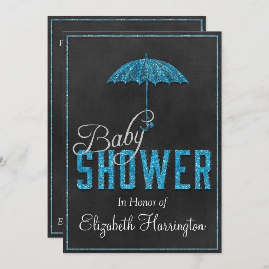 ブルーシルバーグリッター男の赤ちゃんシャワー傘 招待状 (正面/裏面)