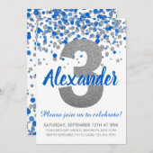 ブルーシルバーグリッター紙吹雪ボーイサード誕生日 招待状 (正面/裏面)