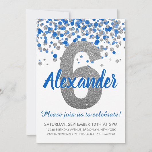ブルーシルバーグリッター紙吹雪ボーイシックス誕生日 招待状 (正面)