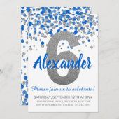 ブルーシルバーグリッター紙吹雪ボーイシックス誕生日 招待状 (正面/裏面)