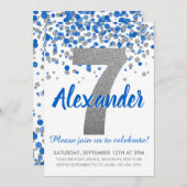 ブルーシルバーグリッター紙吹雪ボーイセブン誕生日 招待状 (正面/裏面)