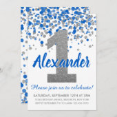 ブルーシルバーグリッター紙吹雪ボーイファースト誕生日 招待状 (正面/裏面)