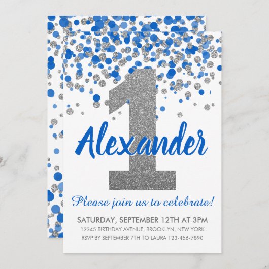 ブルーシルバーグリッター紙吹雪ボーイファースト誕生日 招待状 (正面/裏面)