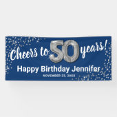 ブルーシルバーグリッター50歳の誕生日バナー 横断幕 (横)
