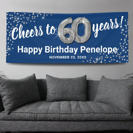 ブルーシルバーグリッター60歳の誕生日バナー 横断幕