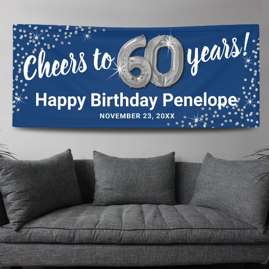 ブルーシルバーグリッター60歳の誕生日バナー 横断幕