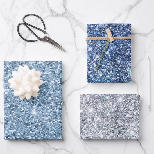 ブルーシルバーグリッター グラム ブリング トレンディ おしゃれ ラッピングペーパーシート (正面)