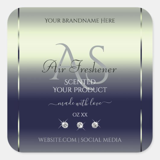 ブルーシルバーシャイニー製品ラベル ジュエル モノグラム スクエアシール (正面)