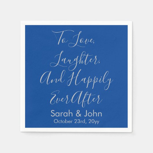 ブルーシルバースクリプトパーソナライズされたウェディングレセプション スタンダードカクテルナプキン (正面)