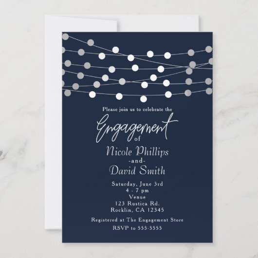 ブルーシルバーストリングライツシモダンック婚約 招待状 (正面)