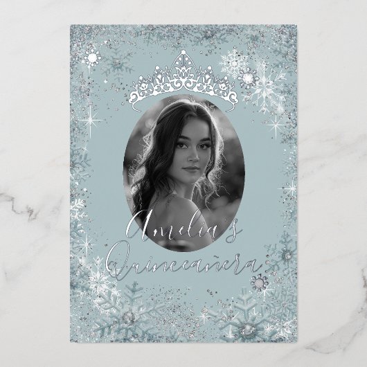 ブルーシルバースノーフレーク写真キンセアニェラ 箔招待状 (正面)