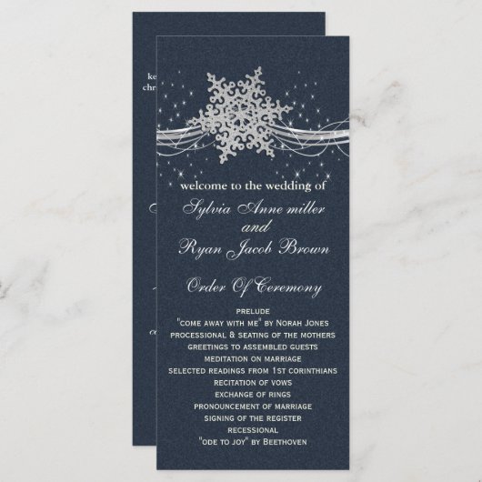 ブルーシルバースノーフレーク結婚式プログラムのお茶の長さ プログラム (正面/裏面)