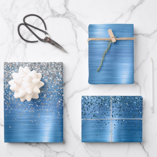 ブルーシルバースパークルグリッター ラッピングペーパーシート (正面)