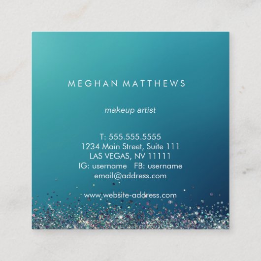 ブルーシルバースパークル美しいスタイリストメイクアップアーティスト スクエア名刺 (裏面)
