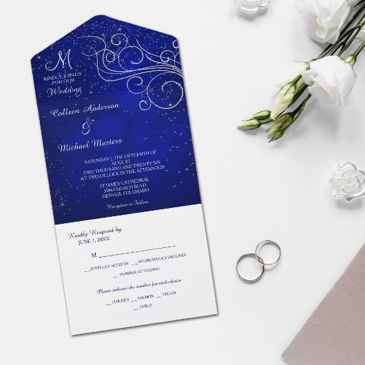 ブルーシルバースワールモノグラム写真テンプレート結婚ズ オールインワン招待状