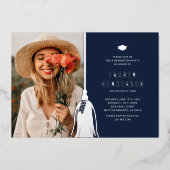 ブルーシルバータッセル写真卒業パーティー 箔招待状 (正面)