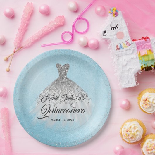 ブルーシルバーダイヤモンドスパークルガウンキンセアニェラ ペーパープレート (パーティー)
