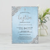 ブルーシルバーダイヤモンドレースクロスバプテスマ招待状 招待状 (スタンド正面)