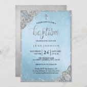 ブルーシルバーダイヤモンドレースクロスバプテスマ招待状 招待状 (正面/裏面)