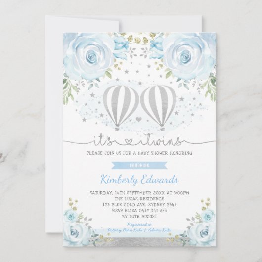 ブルーシルバーツインボーイズ熱い空気バルーンベビーシャワー 招待状 (正面)