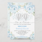 ブルーシルバーツインボーイズ熱い空気バルーンベビーシャワー 招待状 (正面/裏面)