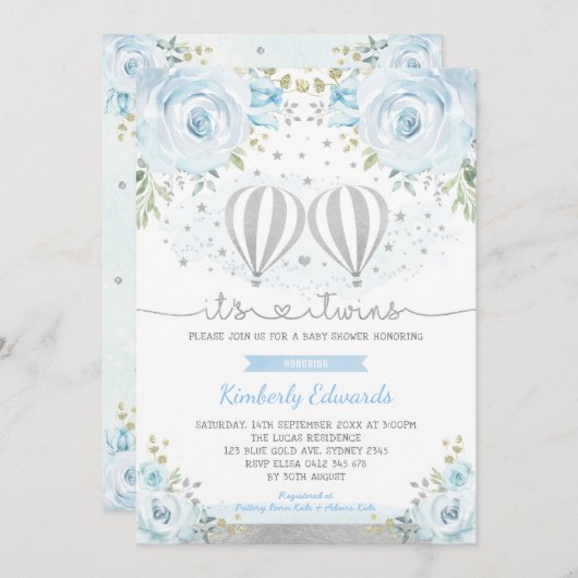 ブルーシルバーツインボーイズ熱い空気バルーンベビーシャワー 招待状 (正面/裏面)