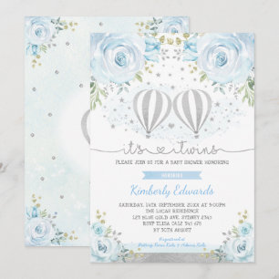 ブルーシルバーツインボーイズ熱い空気バルーンベビーシャワー 招待状