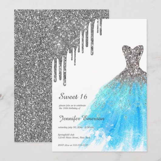 ブルーシルバードレスグリッタードリップスSweet sixteen 招待状 (正面/裏面)