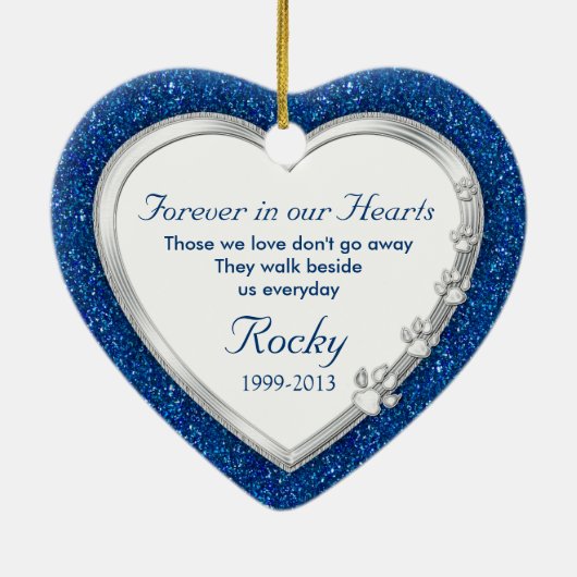ブルーシルバーハートペットドッグ記念写真クリスマス セラミックオーナメント (裏面)