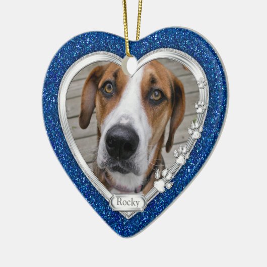 ブルーシルバーハートペットドッグ記念写真クリスマス セラミックオーナメント (左)