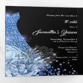 ブルーシルバーバラフォトキンセアニェラフローラグリッター 三つ折り招待状 (内部最初)