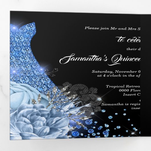 ブルーシルバーバラフォトキンセアニェラフローラグリッター 三つ折り招待状 (内部最初)