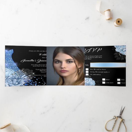 ブルーシルバーバラフォトキンセアニェラフローラグリッター 三つ折り招待状 (内部)