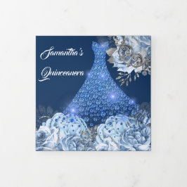 ブルーシルバーバラ女性フォトフローラ誕生日 三つ折り招待状