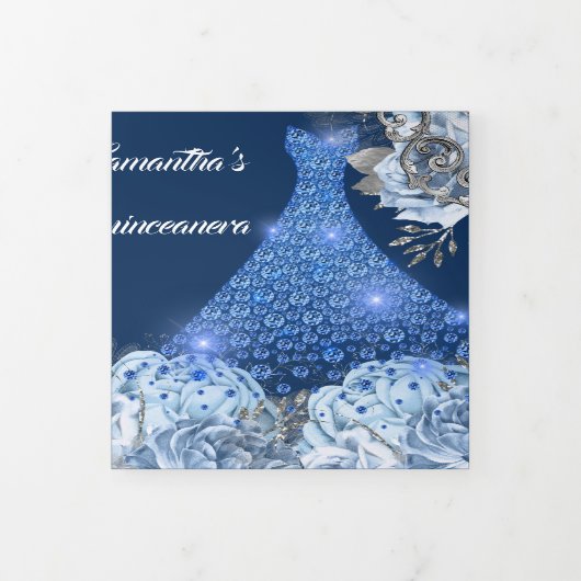 ブルーシルバーバラ女性フォトフローラ誕生日 三つ折り招待状 (カバー)