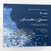 ブルーシルバーバラ女性フォトフローラ誕生日 三つ折り招待状 (内部最初)