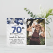 ブルーシルバーバルーングリッター写真70誕生日 招待状 (スタンド正面)