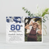 ブルーシルバーバルーングリッター写真80誕生日 招待状 (スタンド正面)