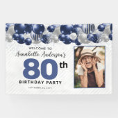 ブルーシルバーバルーンフォト80th誕生日へようこそ 横断幕 (横)