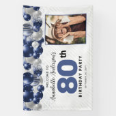 ブルーシルバーバルーンフォト80th誕生日へようこそ 横断幕 (縦)