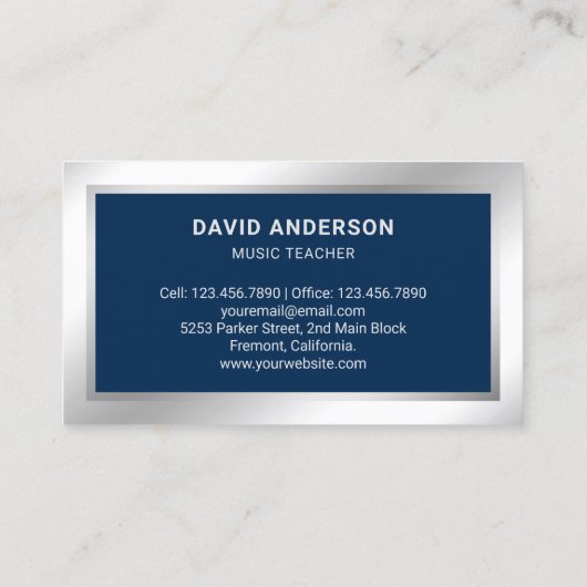 ブルーシルバーフォイルギターミュージック先生ギタリスト 名刺 (裏面)