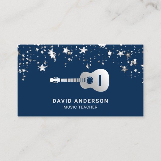 ブルーシルバーフォイルギターミュージック先生ギタリスト 名刺 (正面)