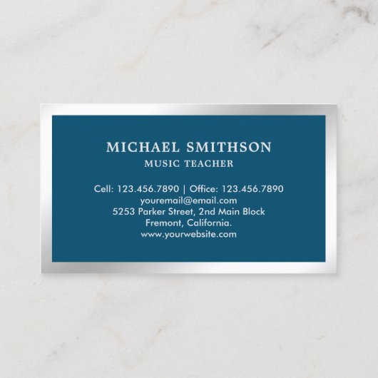 ブルーシルバーフォイルギターミュージック先生ギタリスト 名刺 (裏面)