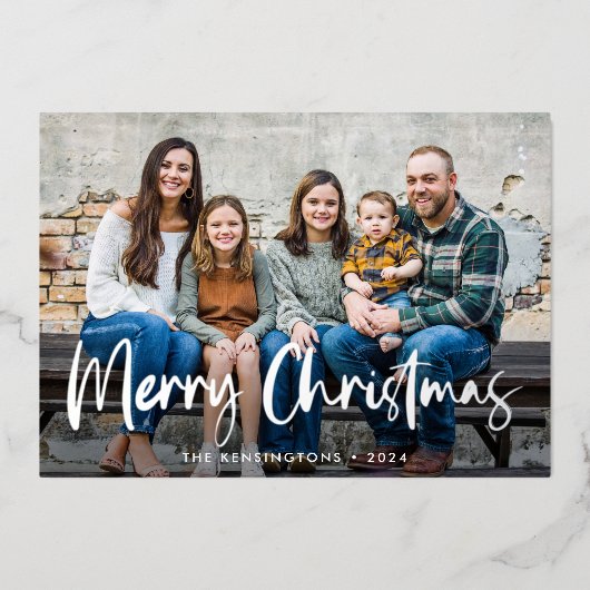 ブルーシルバーフォイルスクリプトクリスマスホリデーフォト 箔シーズンカード (正面)