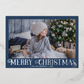 ブルーシルバーフォイルモダンメリークリスマスフォト 箔シーズンカード (正面)